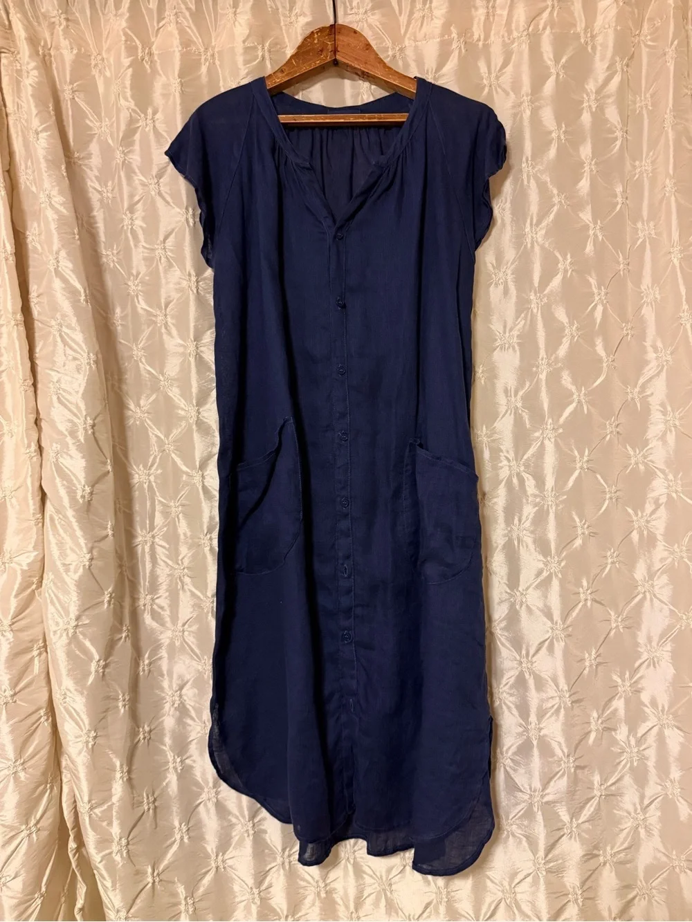 CP SHADES Navy Blue Linen Button Front 2-Piece Midi Shirtdress Dress Top Set